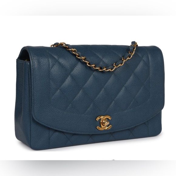 CHANEL Vintage Diana Flap Bag Blue Caviar Gold Hardware Leather Crossbody - Picture 2 of 10